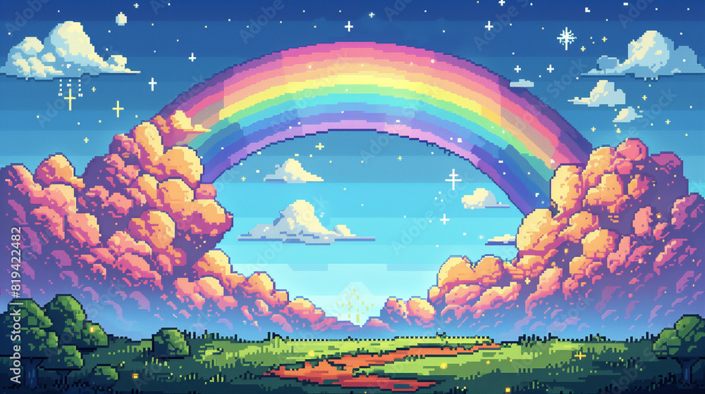 landscape with rainbow, pixel art illustration of a rainbow and pink clouds, video game illustration, video game scene, rainbows and clouds