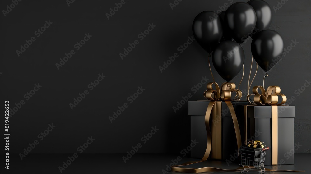 Elegant Birthday Setup with Black Balloons, Gold Gifts, and Ribbons against a Dark Background. Elegant Birthday Setup with Black Balloons, Gold Gifts, and Ribbons against a Dark Background.