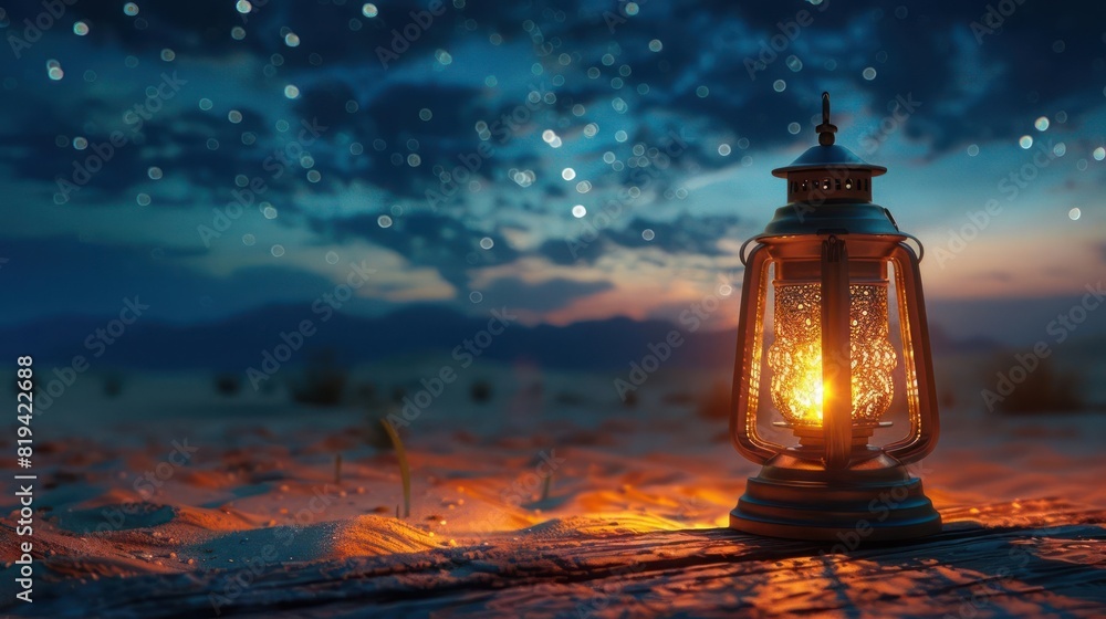 Night Scene with a Lit Lantern and Stars in the Sky Night Scene with a Lit Lantern and Stars in the Sky