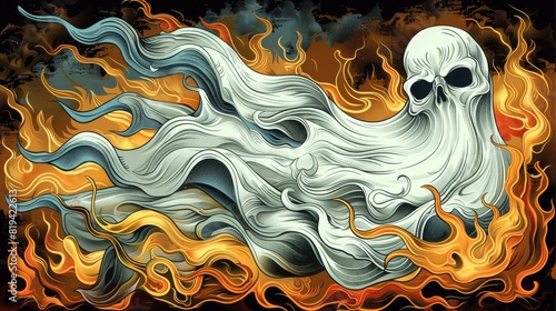 Ethereal Ghostly Figure with Skull Head Emerging from Flames in Dark Fantasy Horror Art Featuring Sleek Wispy Smoke-Like Form