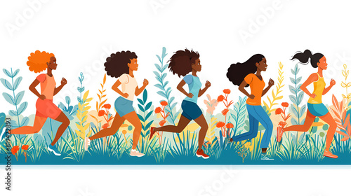Girls running on isolated backgrounds, marathon race concept, Generative AI