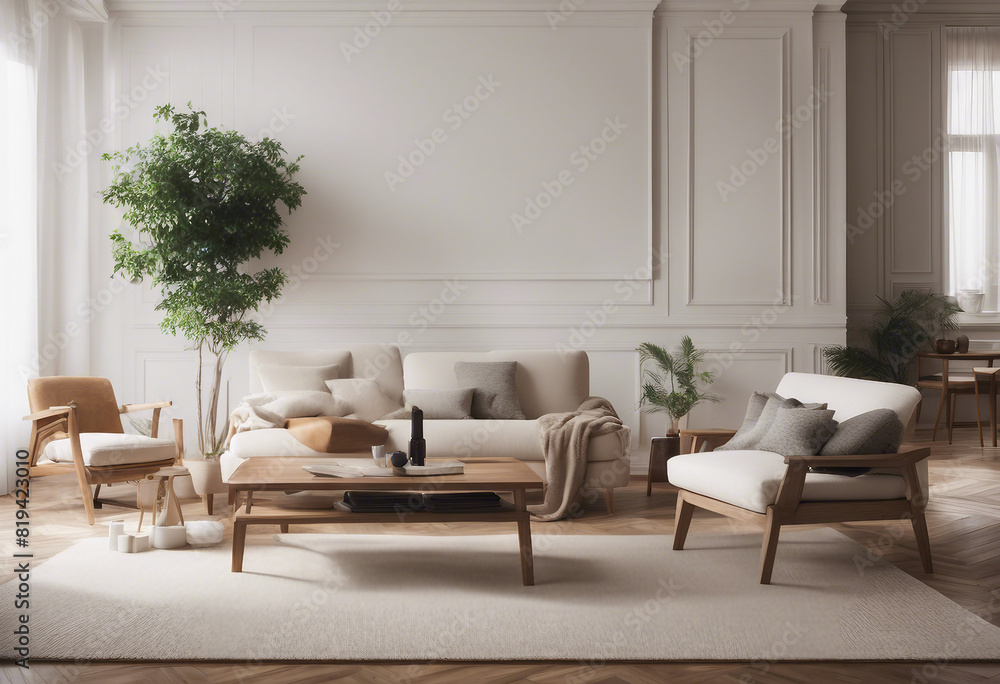 White and wood living room with sofa and armchair White and wood living room with sofa and armchair