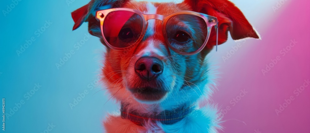 Adorable dog wearing stylish sunglasses with colorful lighting in the background, creating a trendy and vibrant atmosphere.