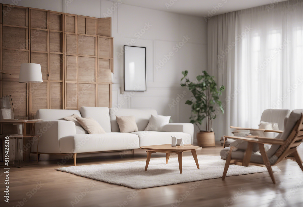 White and wood living room with sofa and armchair White and wood living room with sofa and armchair