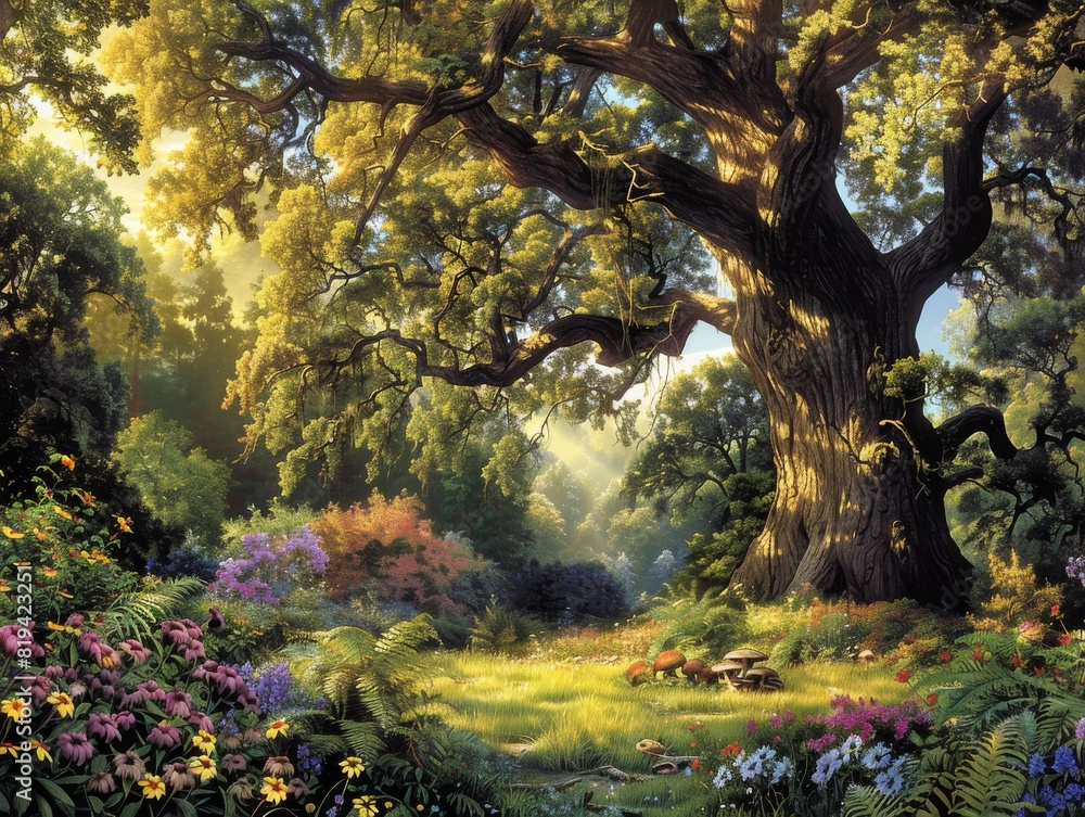 Enchanting Sunlit Forest Glade with Majestic Oak Tree Surrounded by Blooming Wildflowers, Creating a Serene and Magical Landscape Enchanting Sunlit Forest Glade with Majestic Oak Tree Surrounded by Blooming Wildflowers, Creating a Serene and Magical Landscape