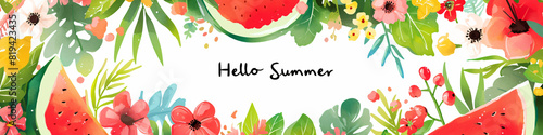 Lettering Hello Summer on white background with slice of juicy watermelon with seeds. Creative calligraphy design. Summertime concept. Illustration for print, poster, card, banner