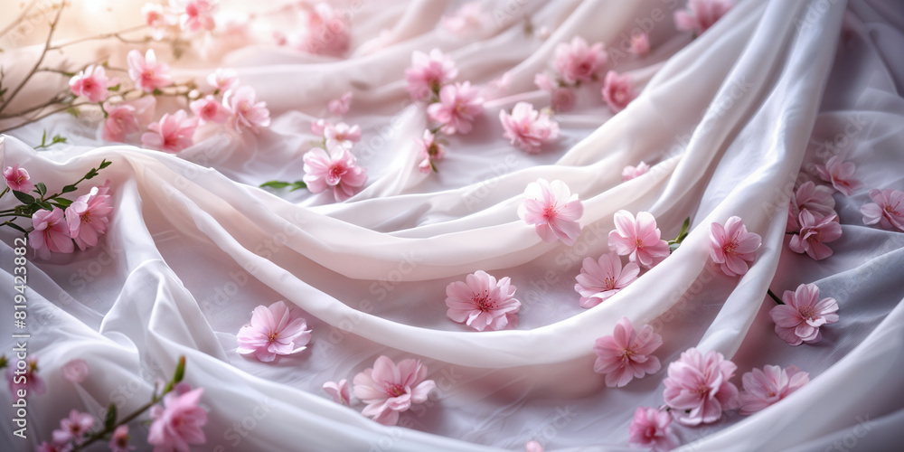 A close-up of pink flowers scattered across a white fabric, creating a soft and delicate scene. A close-up of pink flowers scattered across a white fabric, creating a soft and delicate scene.