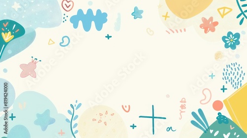 Delicate geometric background adorned with icons of baptism and christening in soothing pastel tones. photo