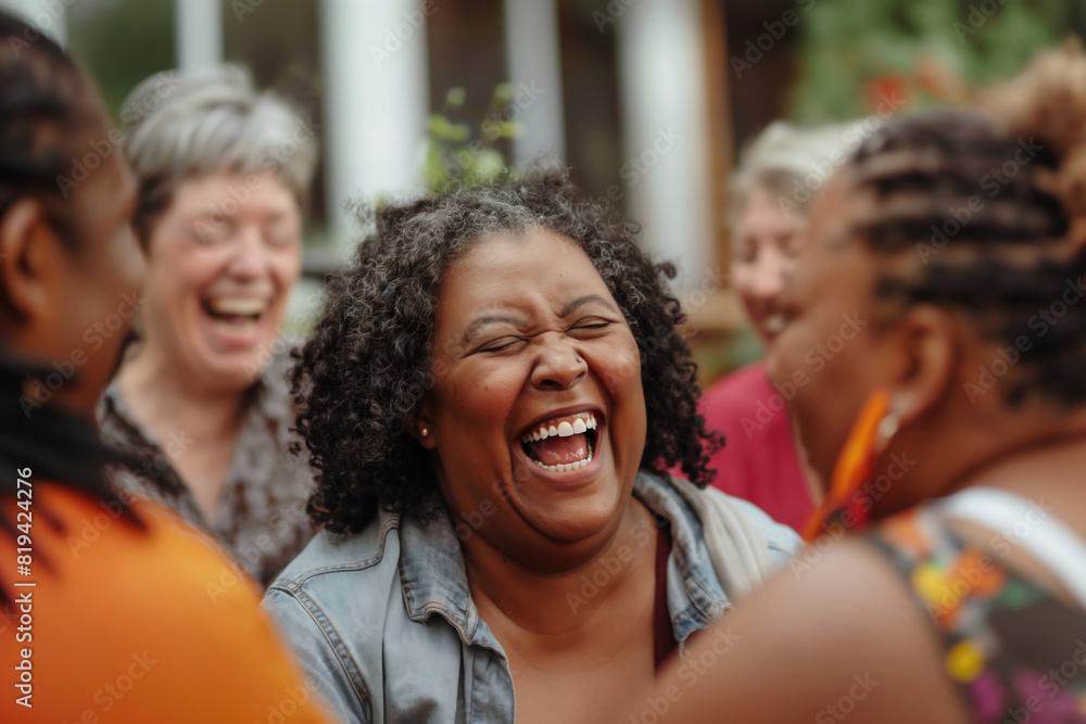 Fototapeta premium Afro American middle age overweight woman sitting with her friends
