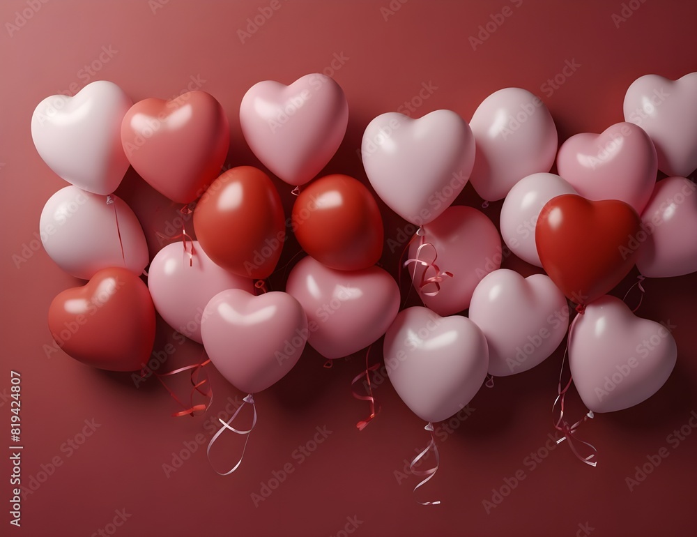 Valentine's Day Concept Background Featuring Red and Pink Hearts like Balloons on a Red Background. Perfect for Flat Lay and Top View Photography