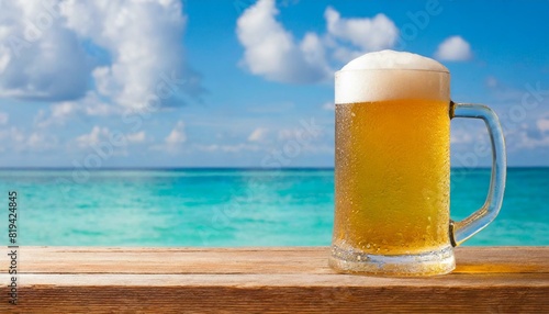 A glass of beer is sitting on a wooden table by the ocean