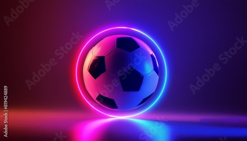 A neon soccer ball is lit up in a purple  blue  and red glow