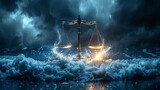 Scales of justice glowing amidst turbulent ocean waves under a dark, stormy sky