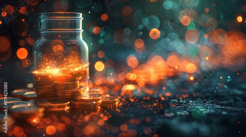 Jar filled with glowing coins surrounded by mystical orange and blue bokeh lights in a dark setting