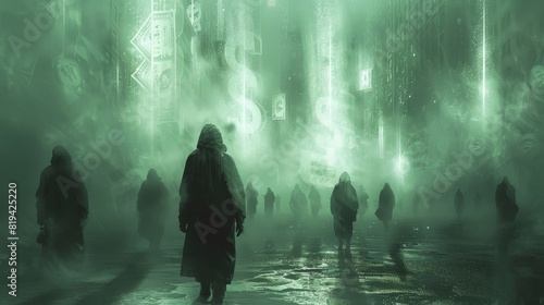 Ghostly figures shrouded in mist with floating dollar signs and currency in a spectral, green-tinted scene