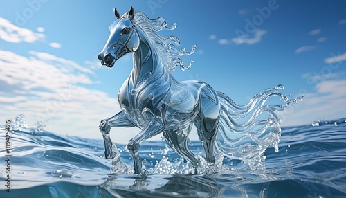horse shaped figure mase of liquid water  transparent  translucent  melted  arising from inside sea waves  photorealistic  highly detailed  color