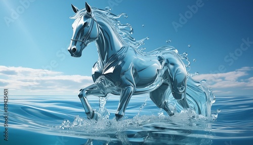 horse shaped figure mase of liquid water, transparent, translucent, melted, arising from inside sea waves, photorealistic, highly detailed, color