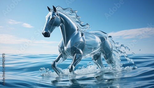 horse shaped figure mase of liquid water, transparent, translucent, melted, arising from inside sea waves, photorealistic, highly detailed, color photo