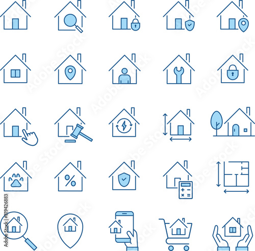 青2色の住宅に関するアイコンセット © syoko