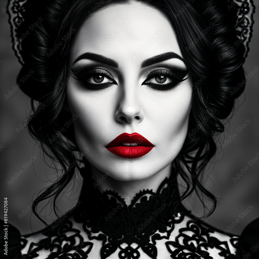 Fototapeta premium A black and white illustration of a woman with red lipstick, wearing elaborate makeup and a lace dress with a high collar. Her hair is styled in an updo, and she has a serious expression on her face.