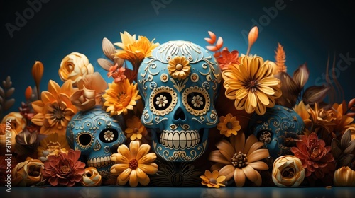 day of the dead background with floral ornaments and skulls for banners or posters © GradPlanet