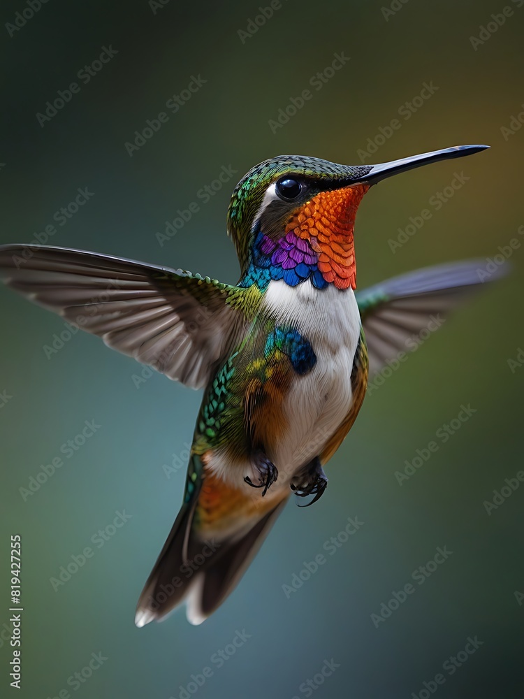 Fototapeta premium A hummingbird is on flight, fluttering amid the beautiful forests and branches