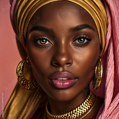 A portrait of a woman with dark skin, wearing gold jewelry and a pink headscarf. She has large hoop earrings and her makeup includes defined eyebrows and pink lipstick. photo