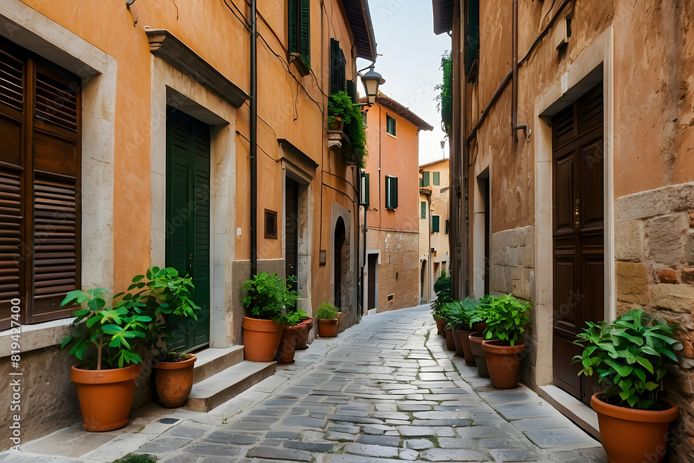 A serene European alleyway lined with potted plants and rustic buildings