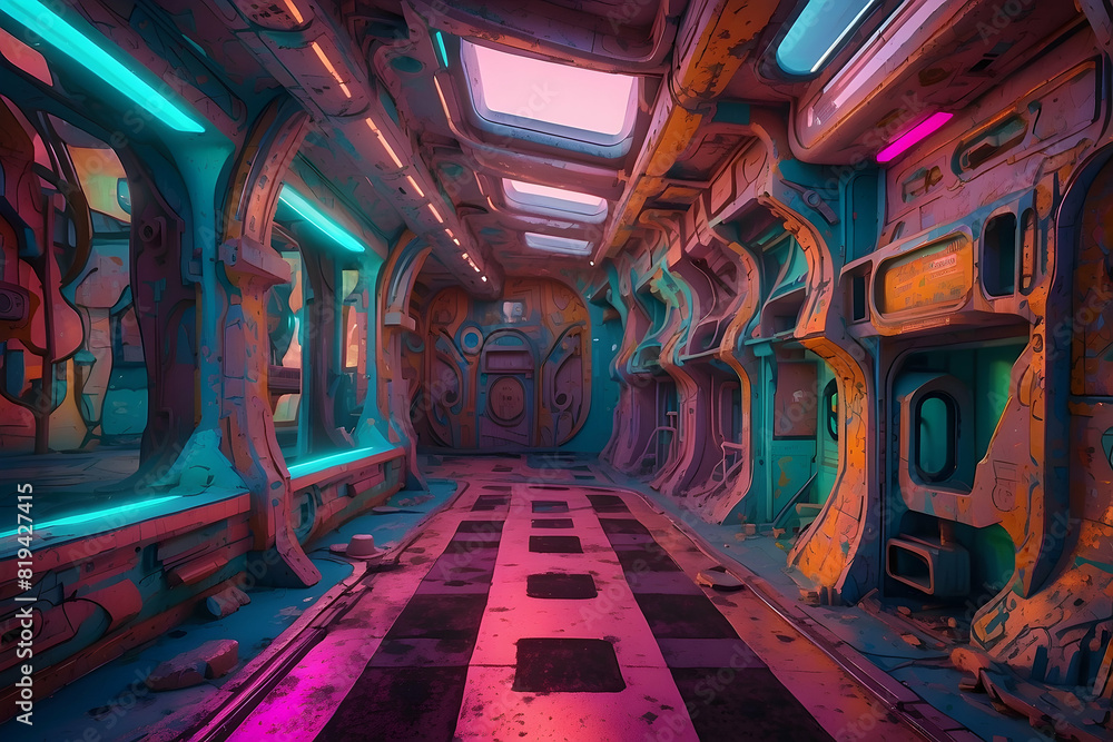 A colorful digital rendering of a futuristic spaceship corridor with vibrant lighting