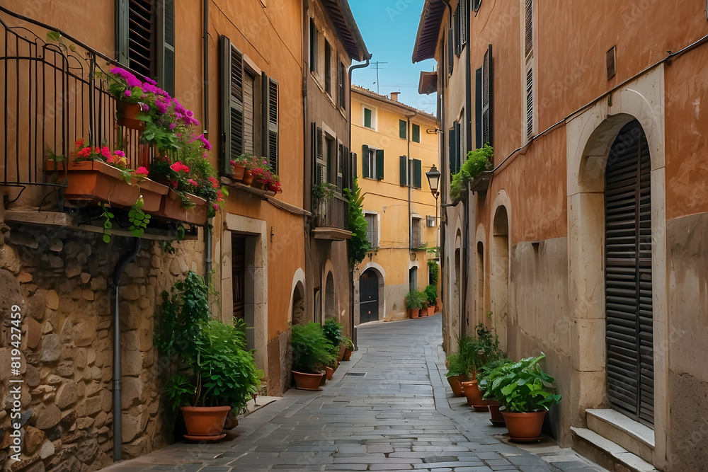 Fototapeta premium A picturesque scene of a quaint Italian alley adorned with colorful flowers and terracotta pots in a historic town