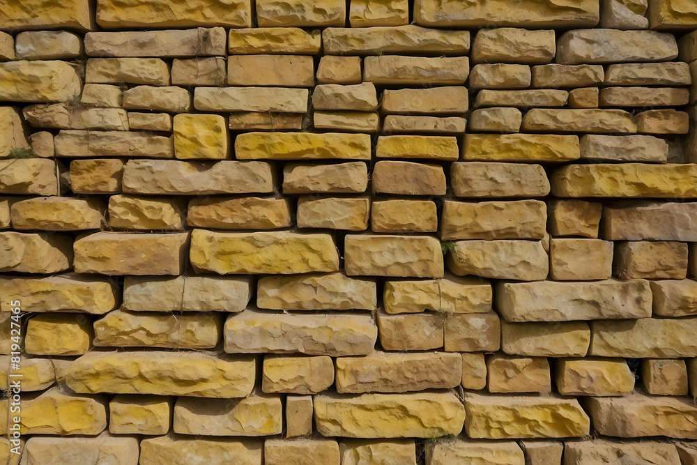 Detailed and focused close-up shot of a yellow brick wall exhibiting texture variations and pattern consistency Detailed and focused close-up shot of a yellow brick wall exhibiting texture variations and pattern consistency