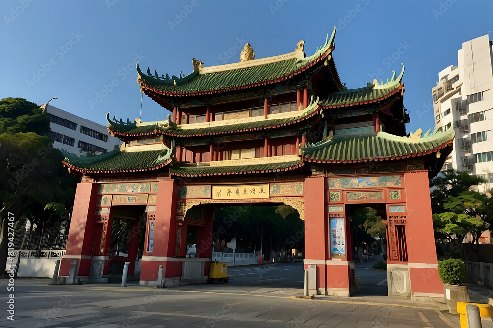 A majestic traditional Chinese archway with intricate designs and green-tiled rooftops stands under a clear blue sky, flanked by modern buildings A majestic traditional Chinese archway with intricate designs and green-tiled rooftops stands under a clear blue sky, flanked by modern buildings