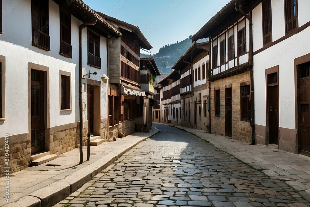 A beautiful sunny image of a traditional European village street with cobblestone road and historic buildings