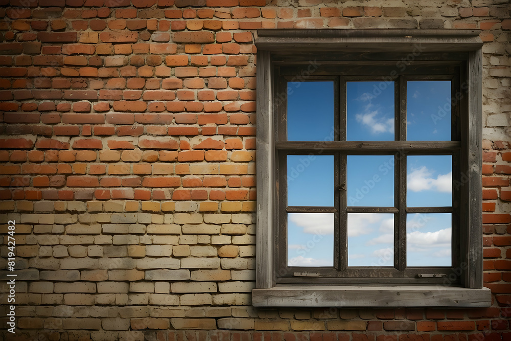 An aged brick wall with a vintage wooden window evokes a sense of history and architectural beauty under a blue sky with clouds