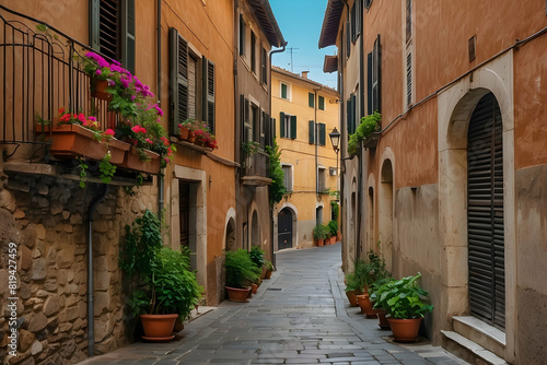 A picturesque scene of a quaint Italian alley adorned with colorful flowers and terracotta pots in a historic town
