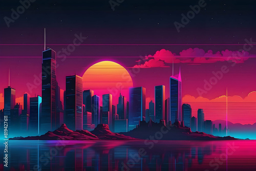 A vibrant retro-style illustration featuring a city skyline with a large neon sun and reflective water