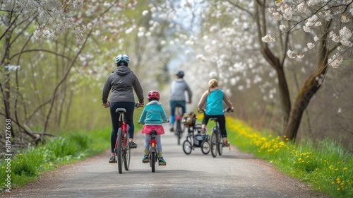 A group of people enjoy cycling on their bicycles through a beautiful natural landscape, surrounded by trees, grass, and plants. AIG41