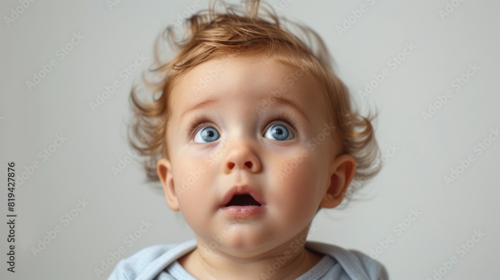 A baby with blue eyes and blonde hair is looking up at the camera A baby with blue eyes and blonde hair is looking up at the camera