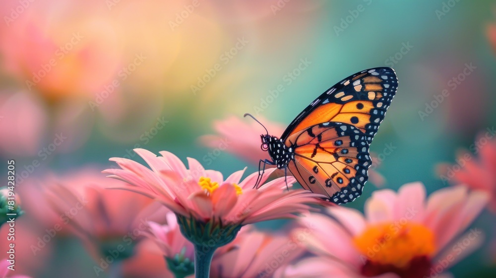 A pink blossom hosts a butterfly. A pink blossom hosts a butterfly.