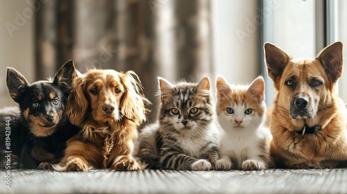 A group of dogs and cats sitting together indoors, showcasing the harmony and companionship between different pets within a home.