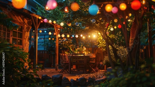 A backyard garden at night with colorful string lights hanging above an outdoor dining area  surrounded by trees and plants. The scene is illuminated