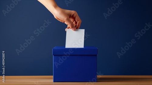 Person casting a vote into blue ballot box photo