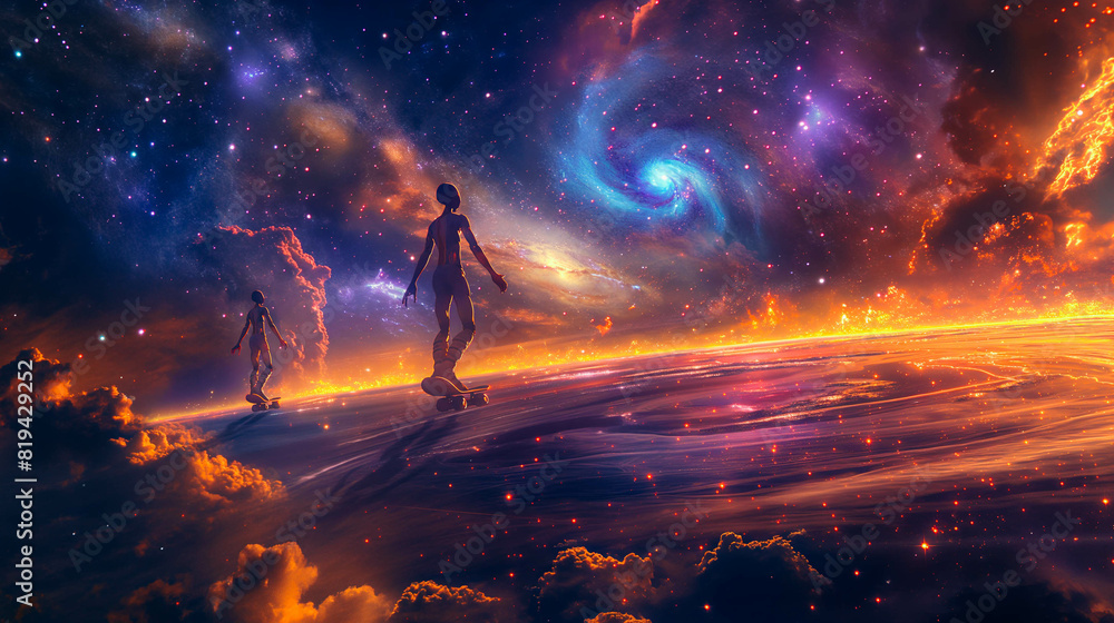 Colorful space scene with two aliens on skateboards. Skateboarding in the cosmos, colorful clouds