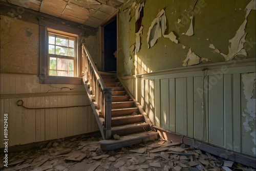 A photo of a worn interior with an old staircase leading upstairs in a derelict house with peeling paint photo