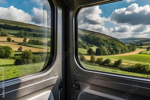 Lush countryside scrolls by a train window on a clear sunny day, showcasing seamless beauty