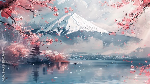 Soft pastel colors and gentle brushstrokes create a serene atmosphere in this illustration of Mount Fuji and cherry blossoms. photo