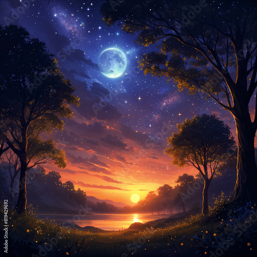 A serene night scene with a full moon hanging in the sky  casting a soft glow over a tranquil landscape of trees and a body of water.