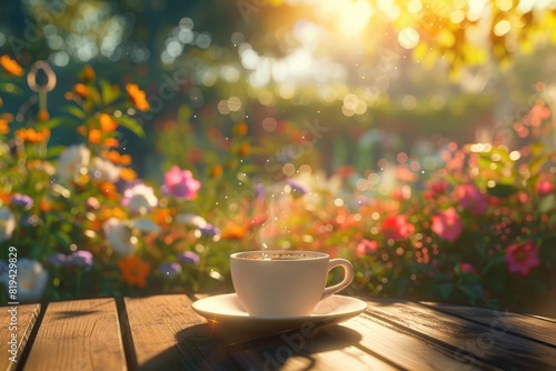 A cup of coffee on the table in front, a garden with flowers in the background in the morning light, 