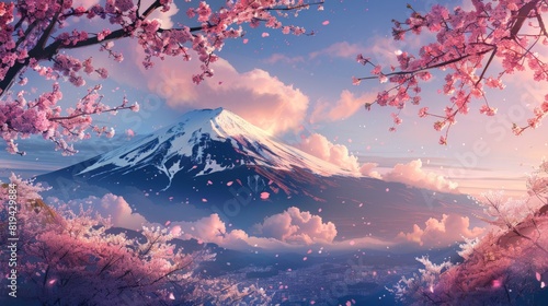 A stylized illustration captures Mount Fuji and cherry blossoms in a whimsical and imaginative art style. photo