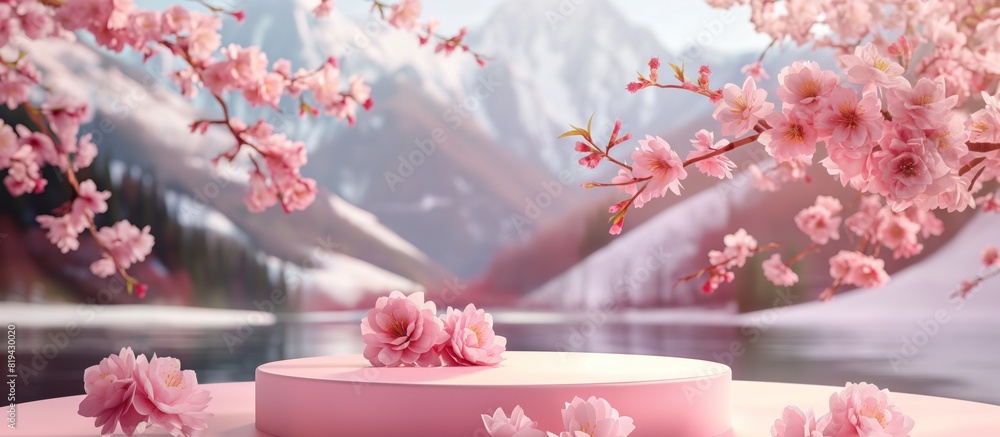 Podium with cherry blossoms and snowy mountains in the background Podium with cherry blossoms and snowy mountains in the background